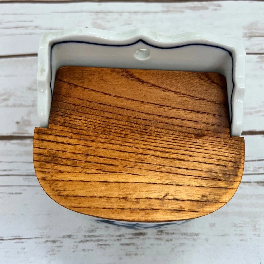 Blue Danube Salt Box Spice Jar Set Blue White Floral‎ Wood Lids 3pc OS